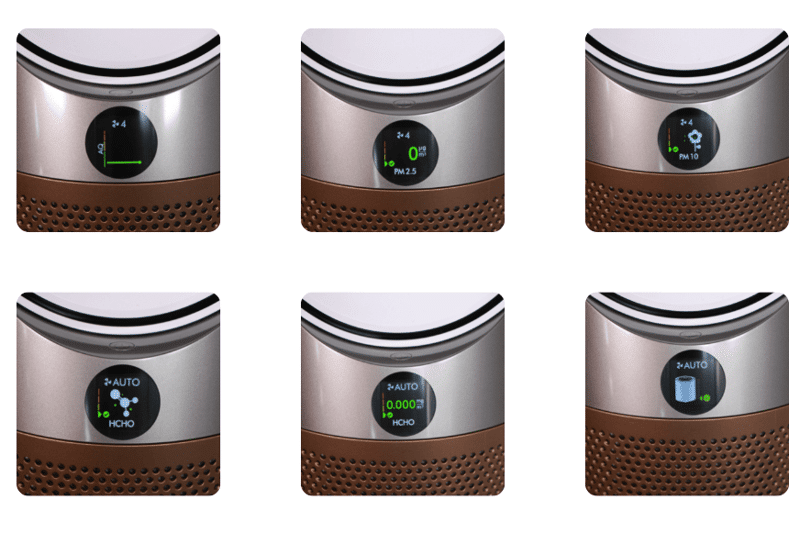 На дисплее воздухоочистителя Dyson Purifier Cool Formaldehyde отображаются различные показания и информация о качестве воздуха.